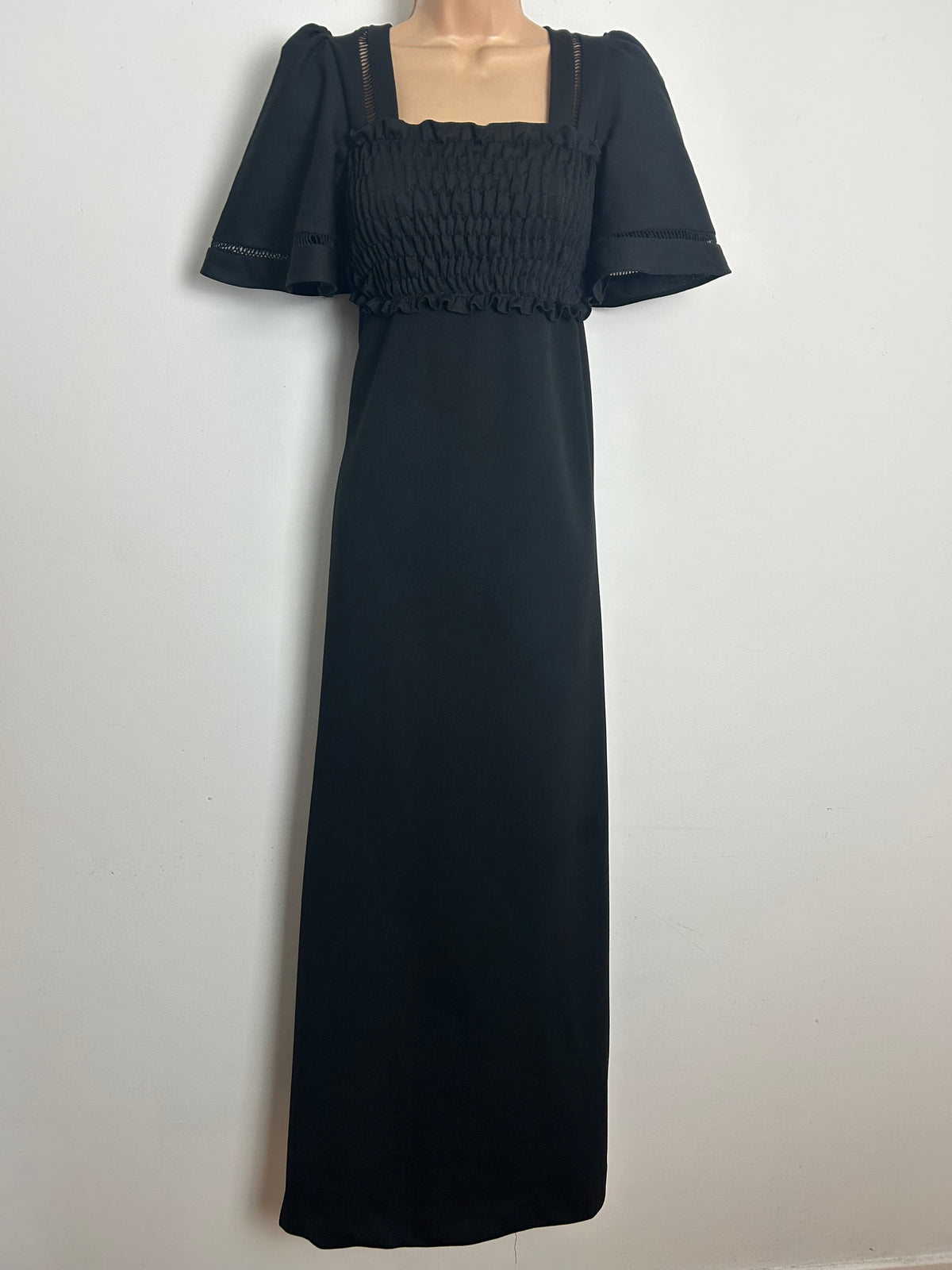 Vintage 1970s Size 10-12 Black Shirred Bodice Ladder Lace Detail Maxi Dress