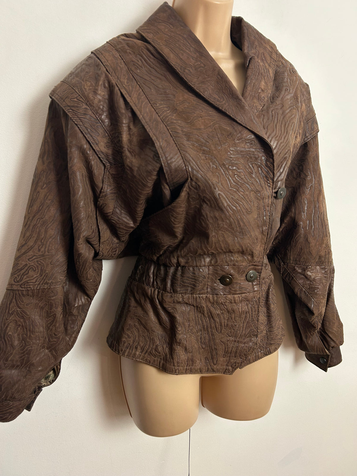 Vintage 1980s UK Size 12 Brown Leather Animal Print Fully Lined Bat Wing Jacket