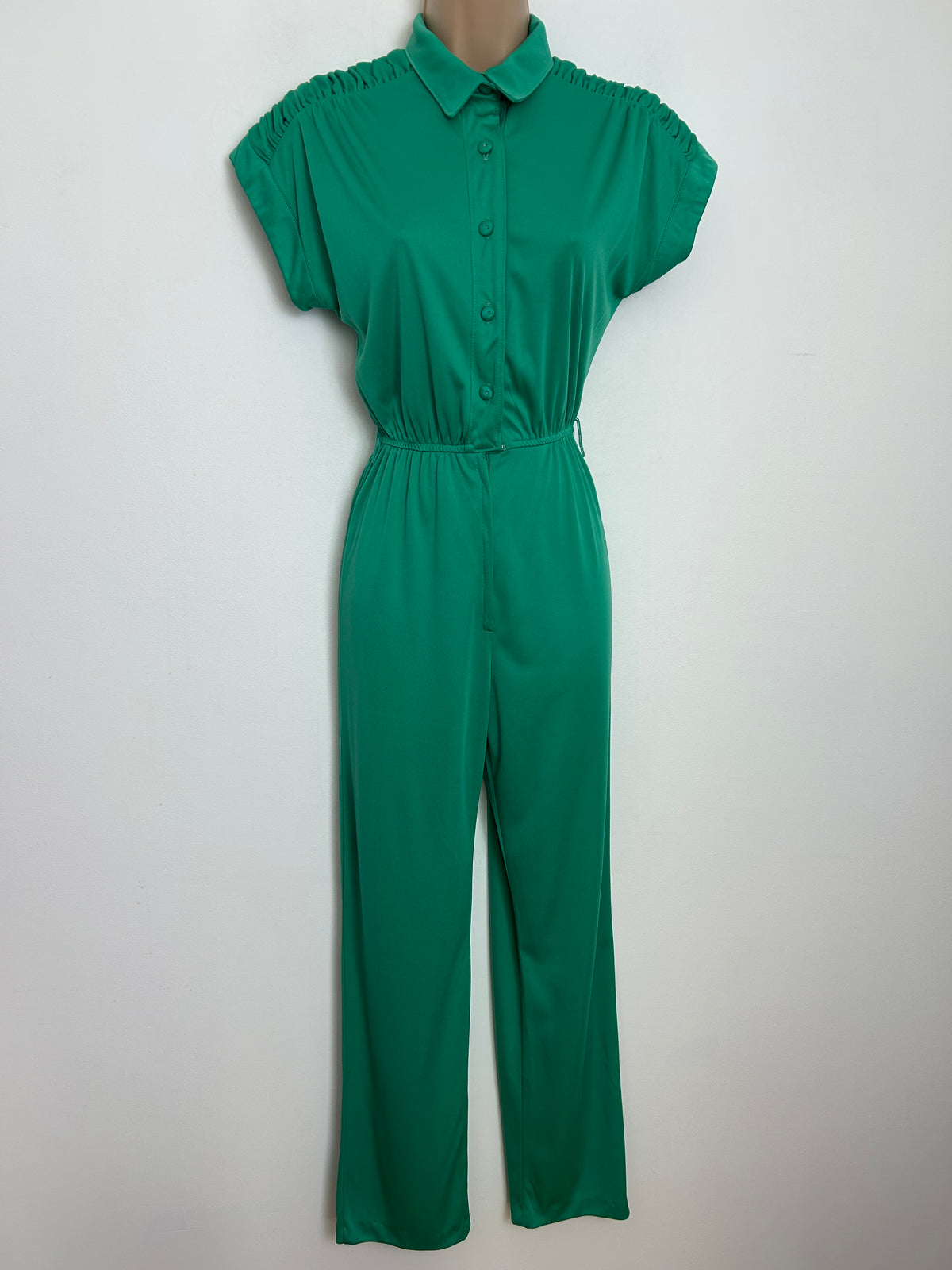 Vintage Late 70s/Early 80s Size 10 Green Ruched Shoulder Detail Short Sleeve Straight Leg Jumpsuit