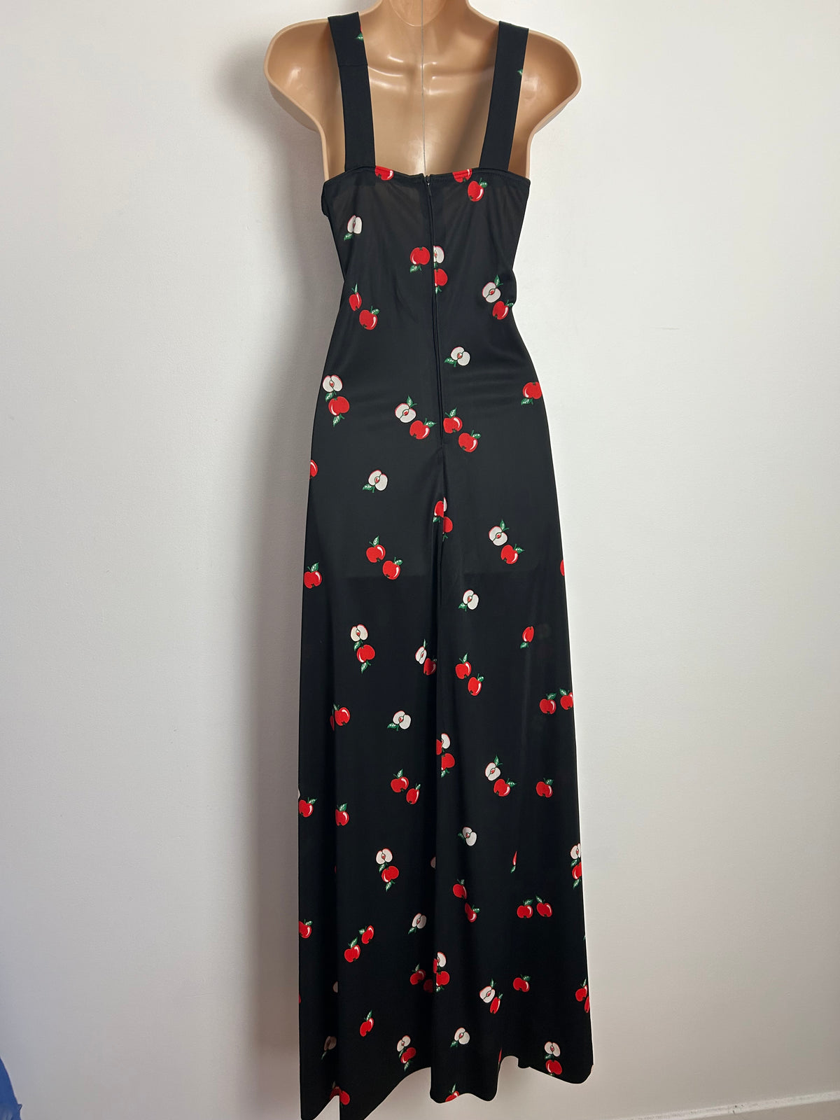 Vintage 1970s Size 10 Cute Black & Red Apple Print Strappy Maxi Dress