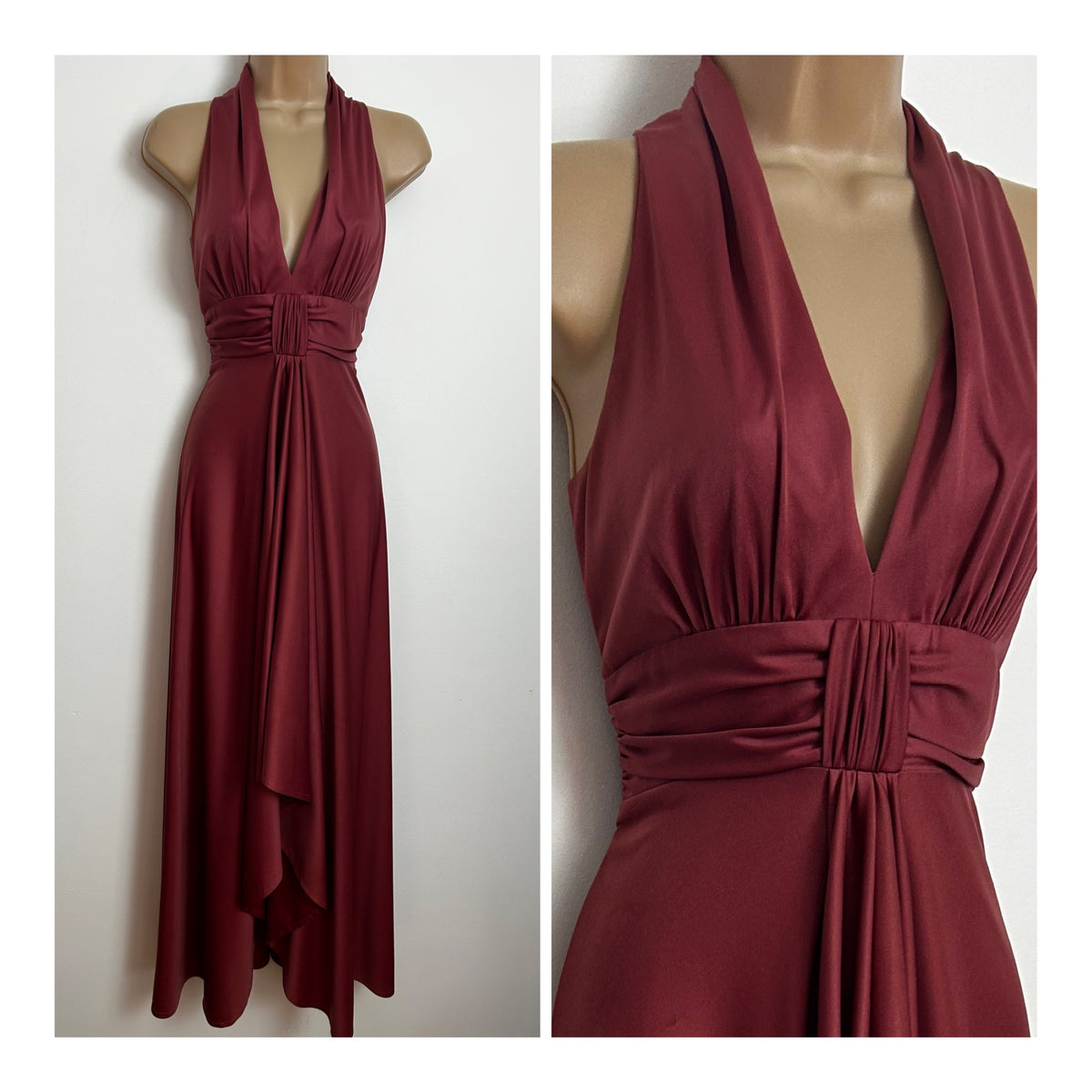 Vintage 1970s Size 8 Dusky Pink Plunge Neck Sleeveless Draped Front Occasion Maxi Dress
