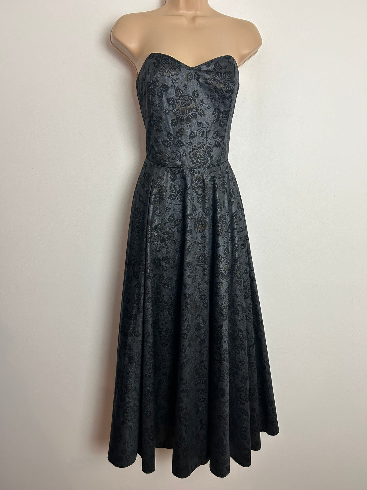 Vintage 1980s LAURA ASHLEY UK Size 10 (Size 16 On Label) Dark Grey Floral Strapless Party Dress Ballgown