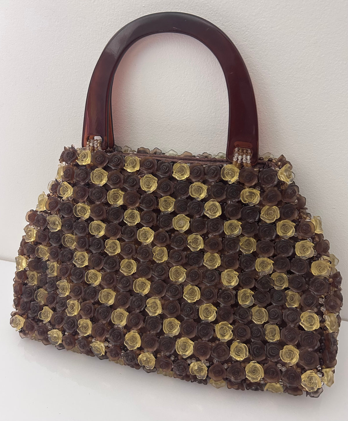 Vintage 1960s Gorgeous Brown & Beige Heavy Plastic Roses & Beaded Handbag