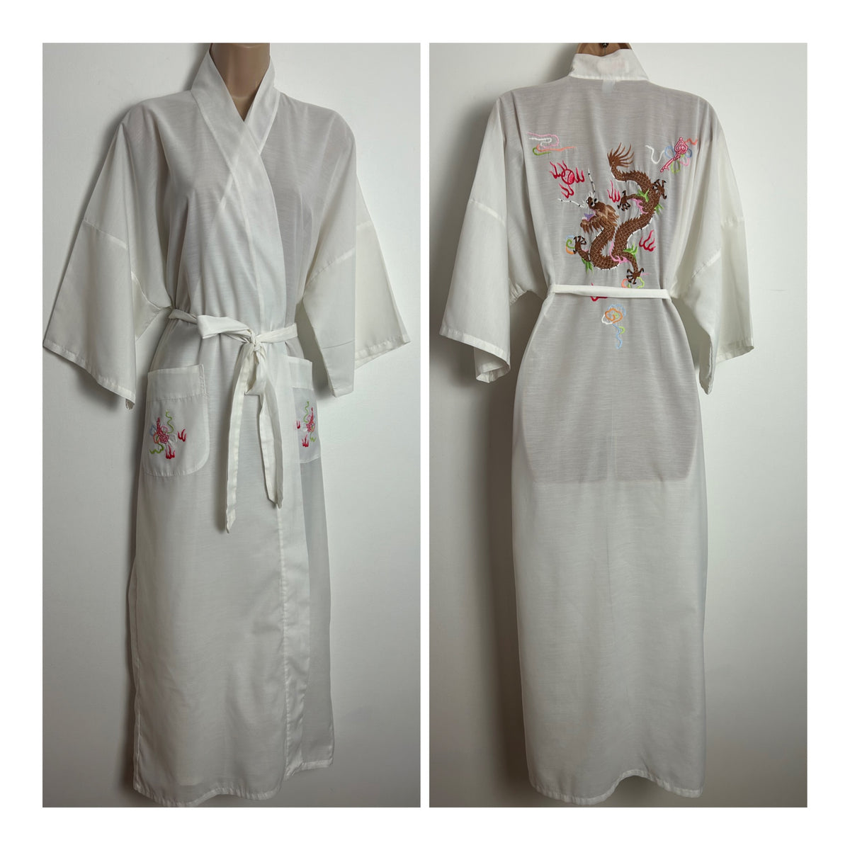 Vintage Size XL (Up to Size 16/18) LONGEVITY Chinese Embroidered Dragon Detail Wrap Dressing Gown House Coat