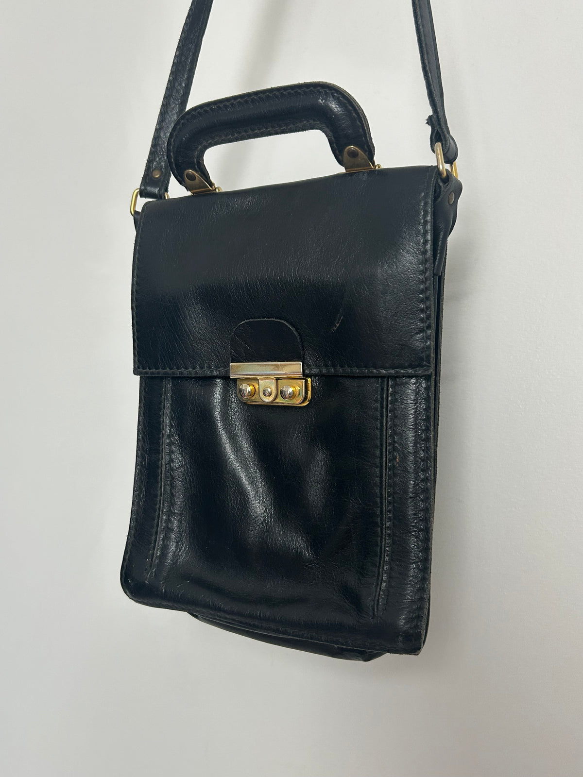Vintage 1970s Black Leather Satchel Style Shoulder Bag