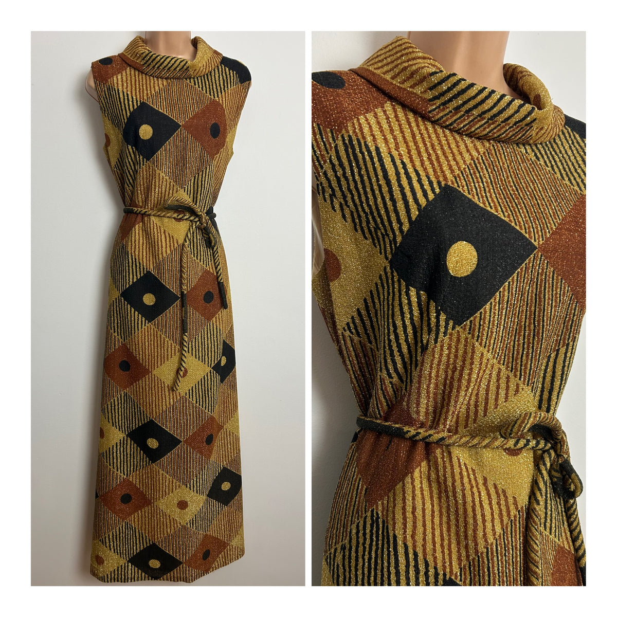 Vintage 1970s MANDELL COUTURE Size 12 Gold Bronze & Black Lurex Stripe & Diamond Print Long Sleeve Belted Occasion Maxi Dress
