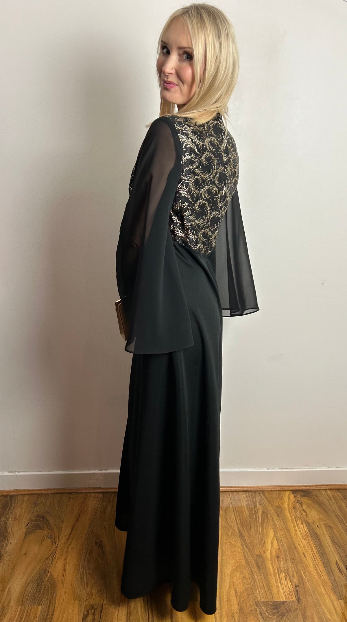 Vintage 1970s UK Size 8 Black & Metallic Gold Flared Sleeve Xmas Party Occasion Evening Maxi Dress