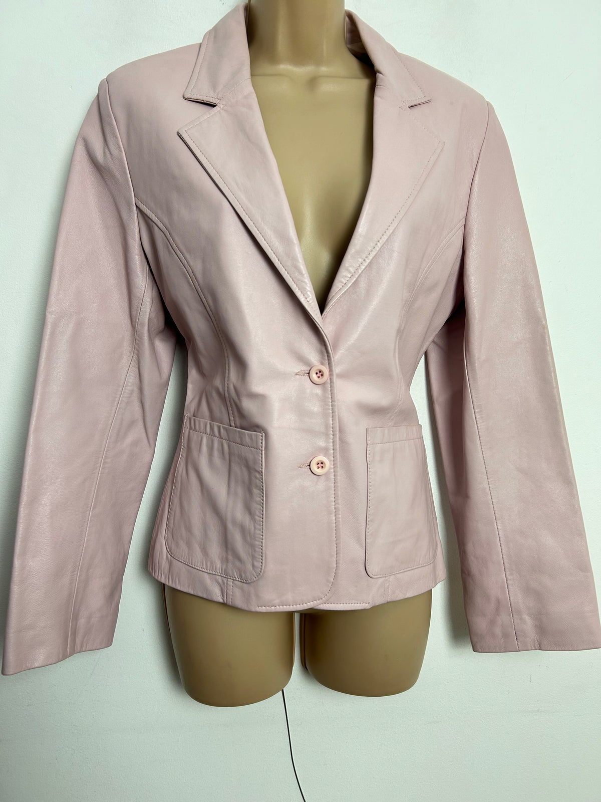 Vintage Late 80s/Early 90s UK Size 10-12 Pale Pink Pocket Detail Blazer Style Leather Jacket