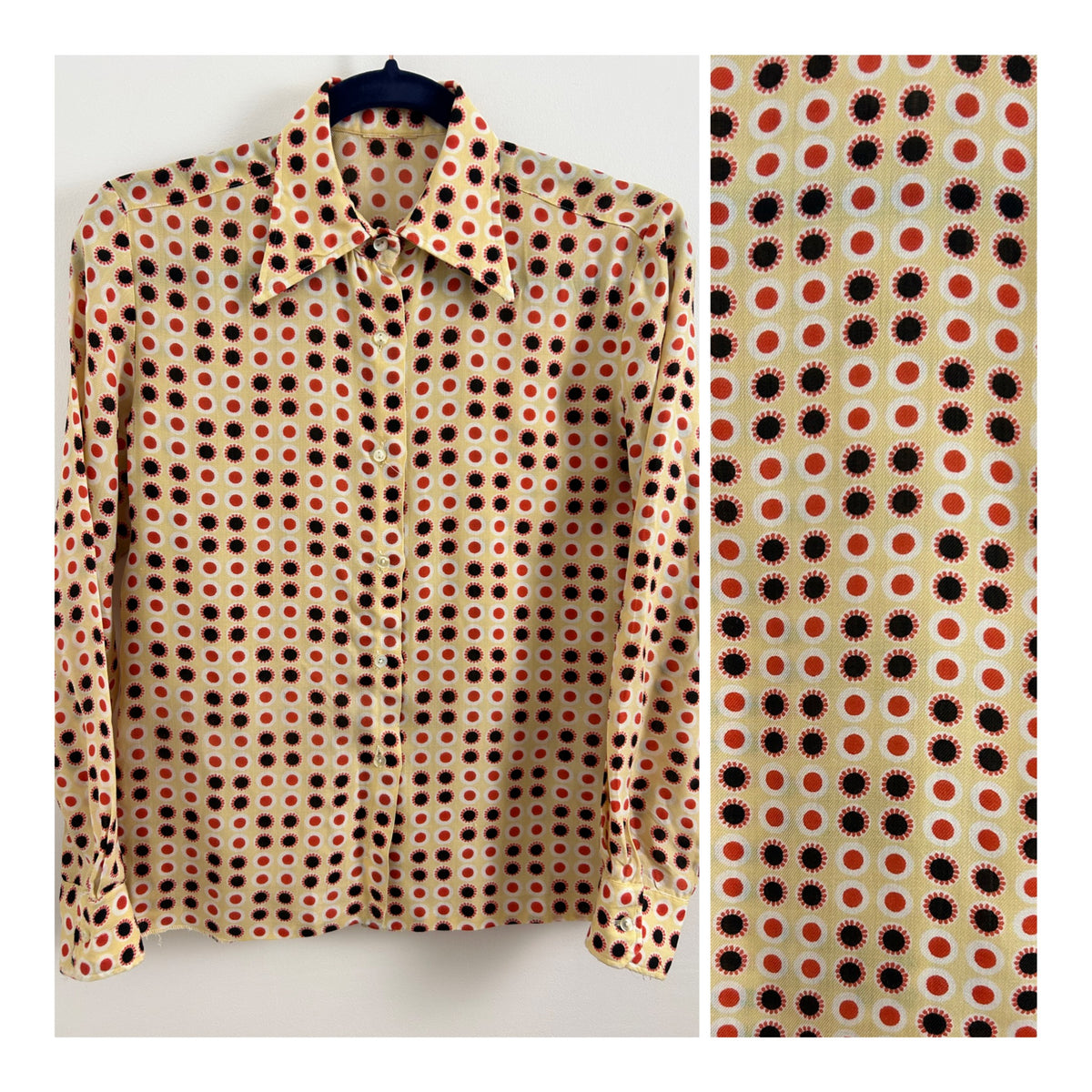 Vintage 1970s Size 12 Beige Red & Black Abstract Circle Print Long Sleeve Collared Shirt
