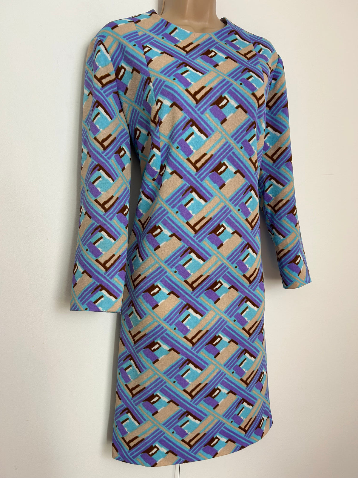 Vintage 1960s Size 14 Purple Blue Beige & Brown Abstract Print 3/4 Sleeve Mod Shift Dress
