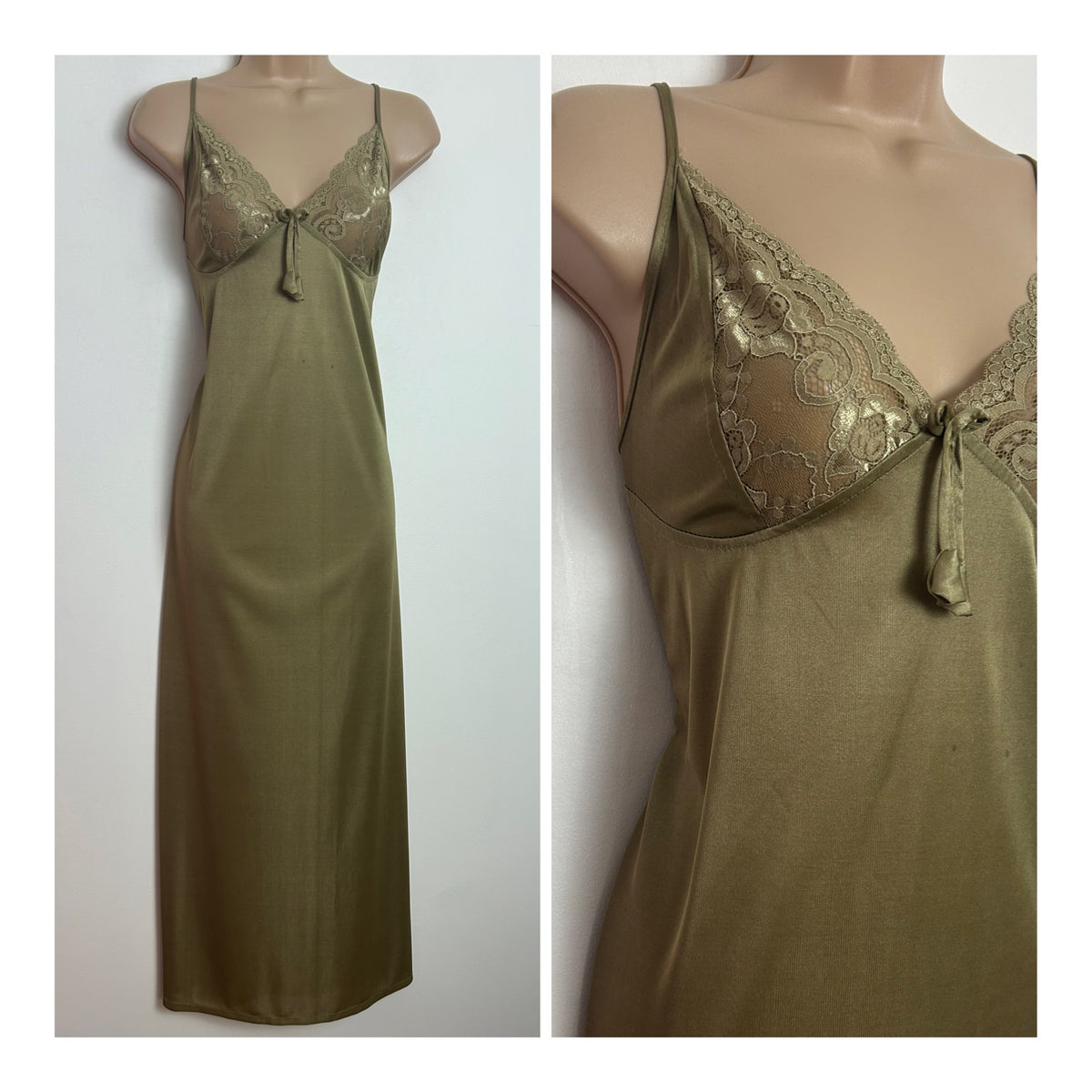 Vintage 1980s Size 10 Olive Brown Lace Trim Strappy Full Length Nightie Negligee Slip