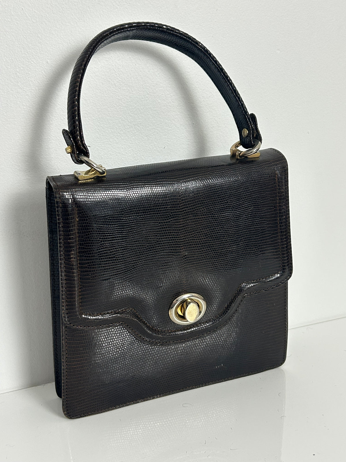 Vintage 1960s Dark Brown Leather Grab Handle Kelly Style Handbag