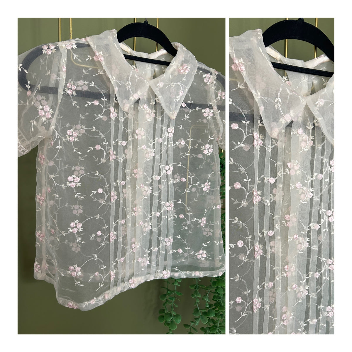 Vintage 1950s Size 8 Pretty Cream Organza Pink Floral Embroidered Button Back Blouse/Top