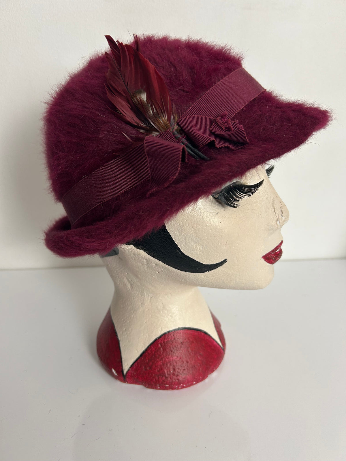 Vintage MARIE FRANCOISE, PARIS Red Wine Angora Mix Feather Detail Hat