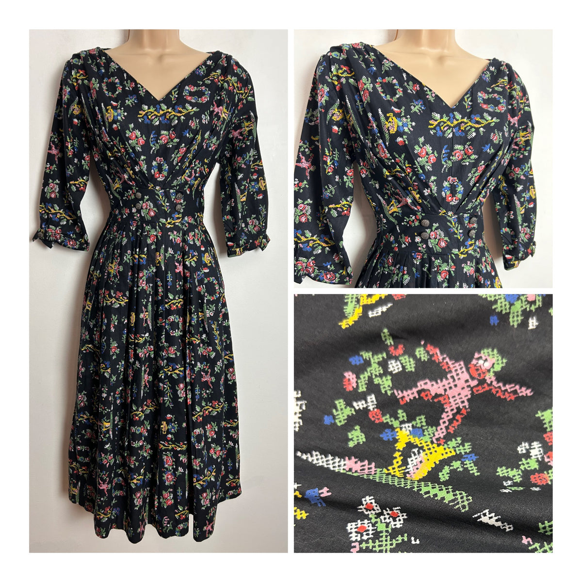 Vintage 1950s UK Size 12 Black Red Green Yellow Pixelated Folk Print Cotton Pleated Day Dress