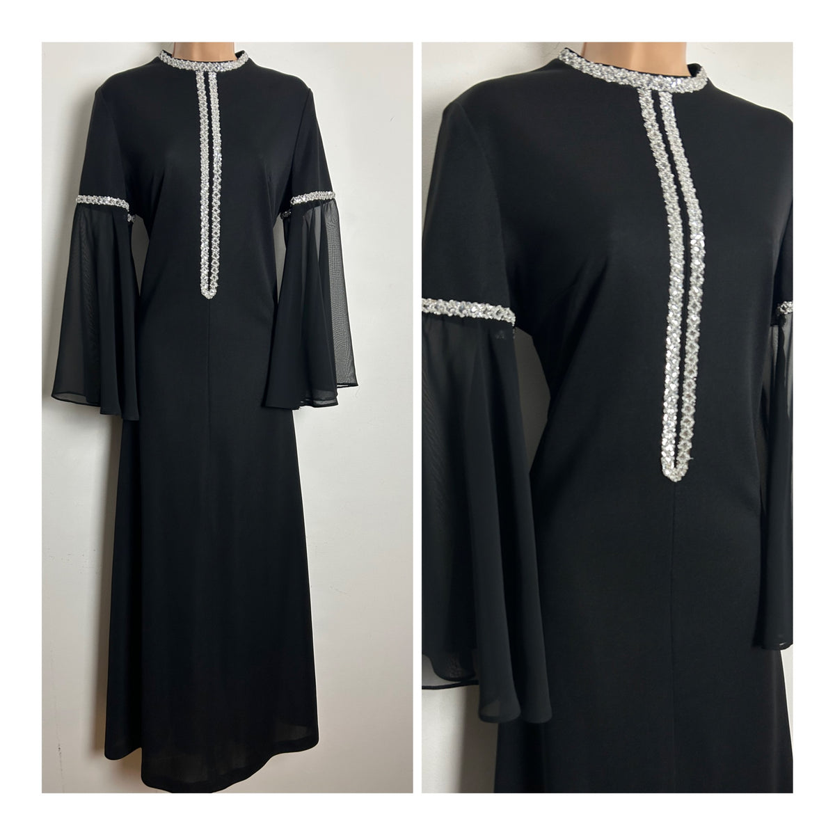 Vintage 1970s CLIFTON Size 14 Black & Silver Braid Trim Flared Chiffon Sleeve Evening Maxi Dress