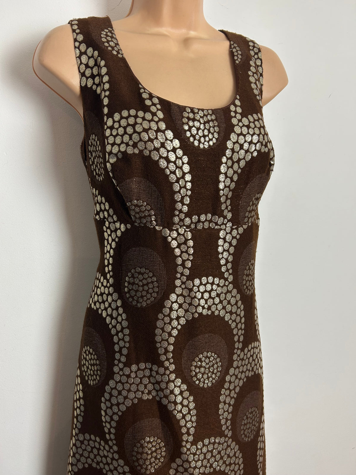 Vintage 1970s KLEEMIER HOFF Size 10 Brown & Gold Spot Print Sleeveless Evening Maxi Dress