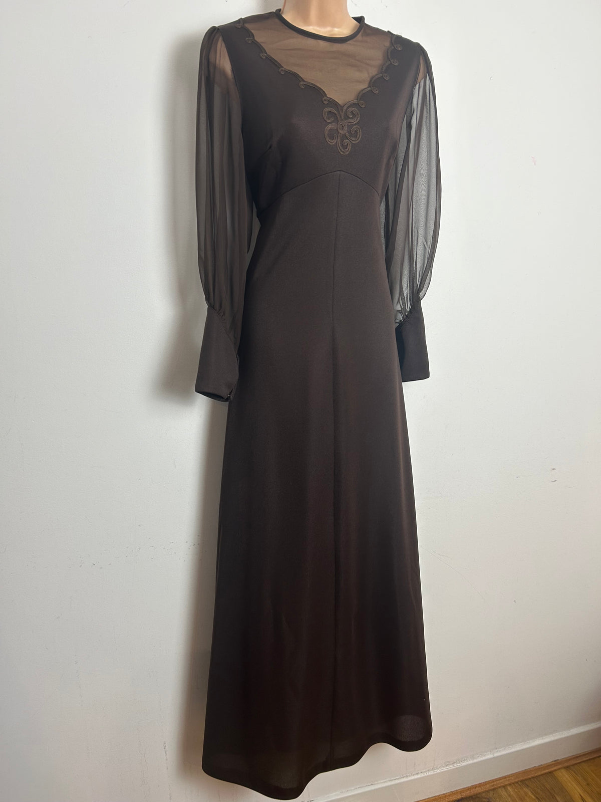 Vintage 1970s Size 10 Chocolate Brown Illusion Neck Long Sleeve Occasion Maxi Dress
