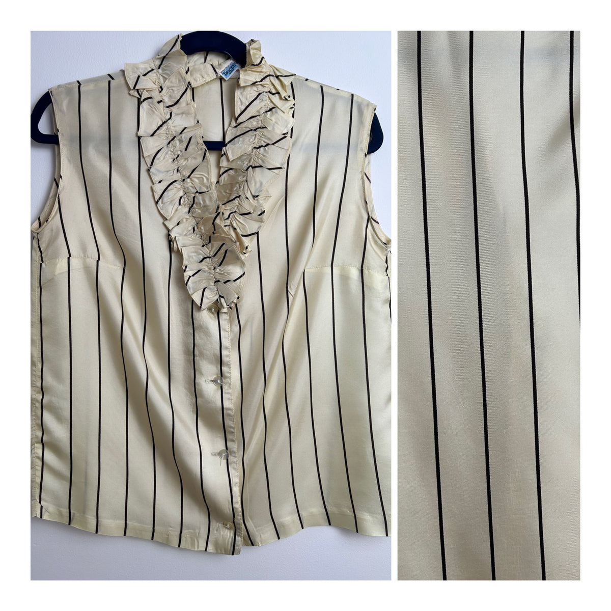 Vintage Early 1970s Size 10 Cream & Dark Brown Stripe Print Sleeveless Ruffle Trim Blouse