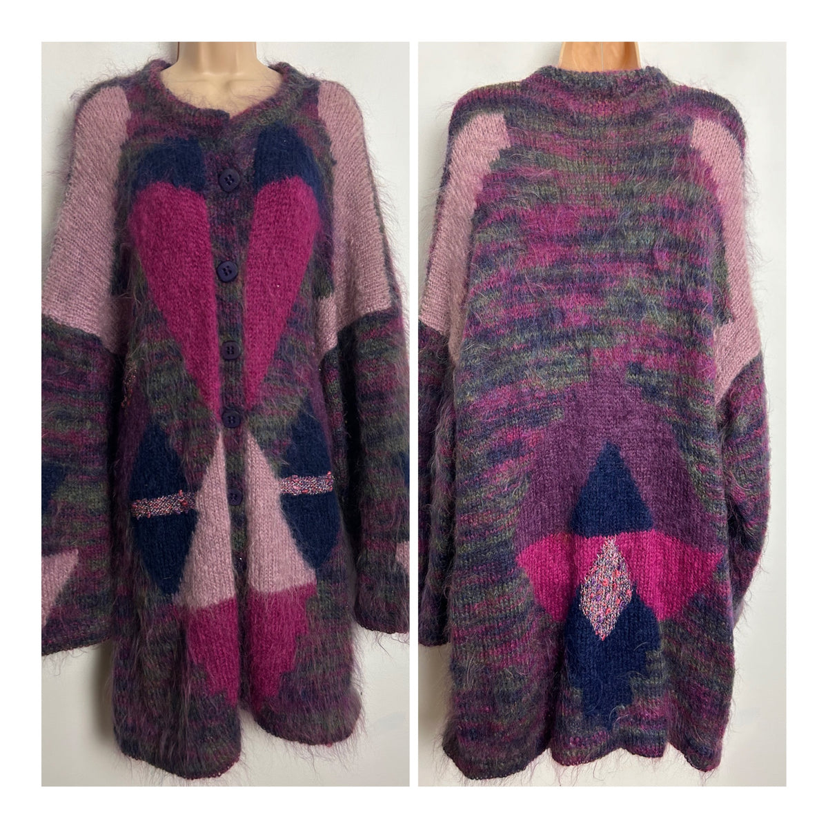 Vintage 1980s One Size Up To Size 16/18 Purple & Pink Tones Mohair Mix Longline Cardigan