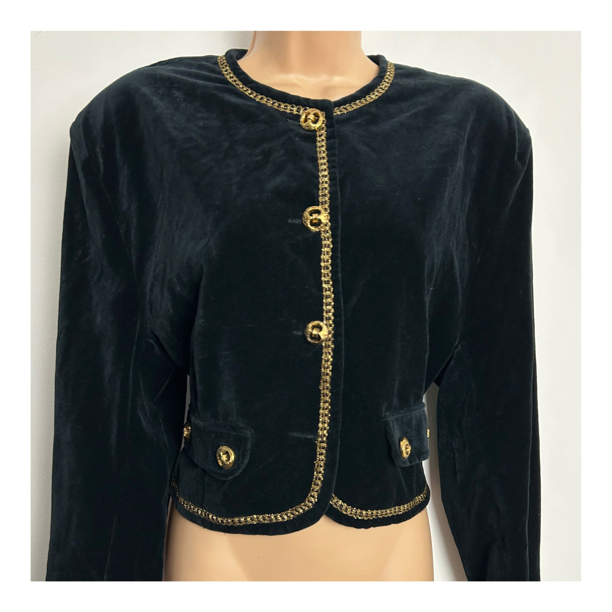 Vintage 1980s Size 14-16 Black & Gold Braid Trim Velvet Evening Jacket