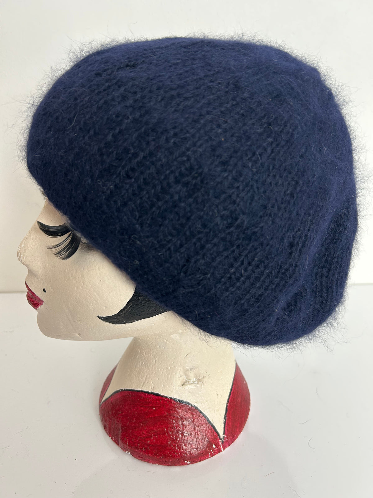 Vintage Navy Blue Angora Mix Chunky Knit Beret/Beanie Style Hat