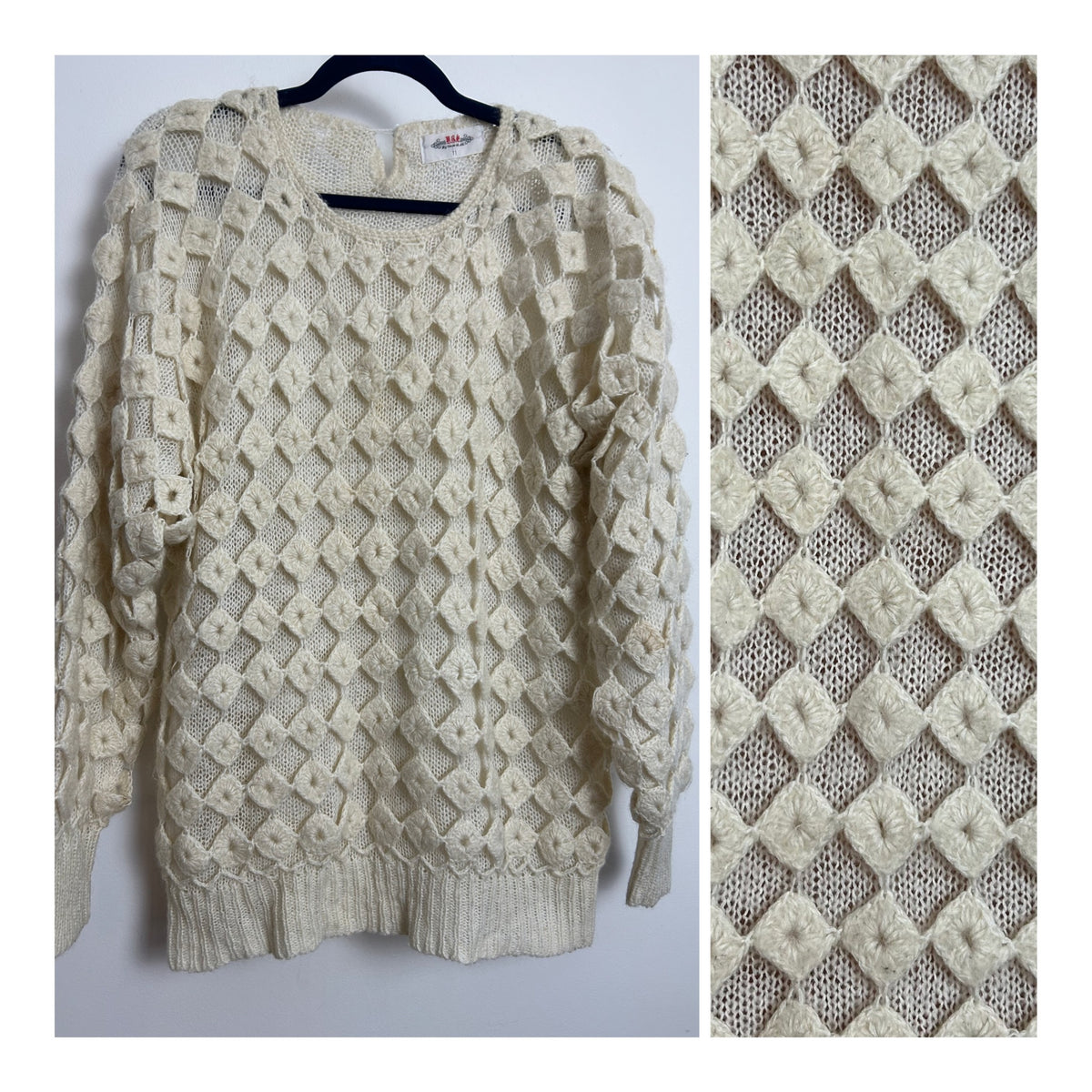 Vintage 1980s Up To Size 14 Cream Double Layer Diamond Cut Out Outer Layer Slouchy Jumper
