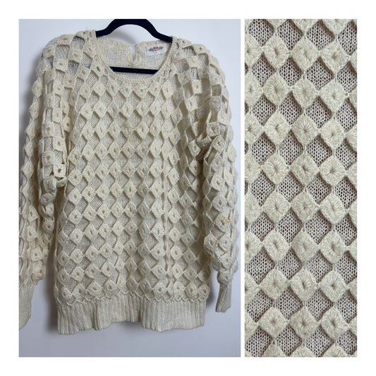 Vintage 1980s Up To Size 14 Cream Double Layer Diamond Cut Out Outer Layer Slouchy Jumper
