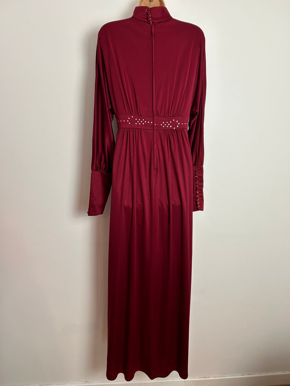 Vintage Late 1970s COCKTAIL HOFFMAN UK Size 12 Dark Red Long Dolman Sleeve Tight Cuffs Rhinestone Detail Occasion Evening Maxi Dress