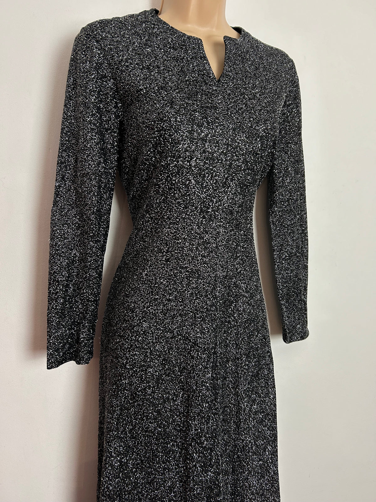 Vintage 1970s UK Size 8 Black & Silver Glittery Lurex Long Sleeve Notch Neck Occasion Maxi Dress