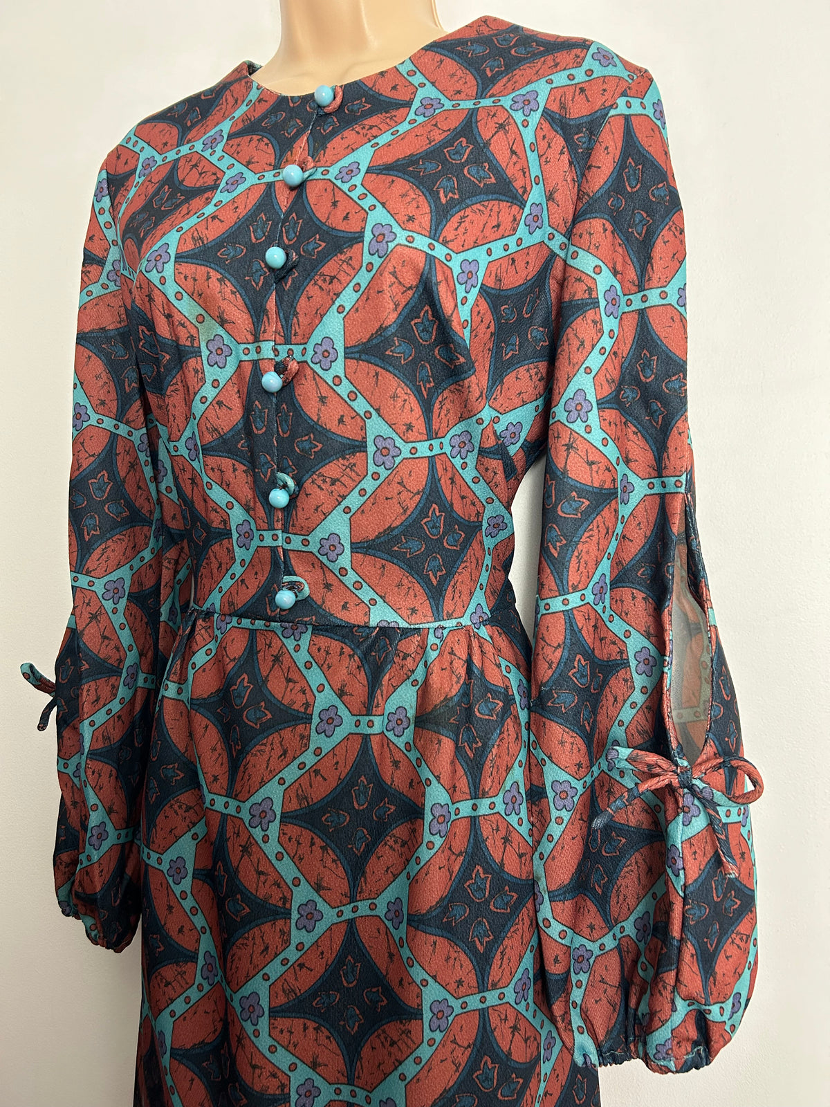 Vintage 1970s UK Size 12-14 Rust Brown Teal & Turquoise Abstract Print Long Split Sleeve Maxi Dress