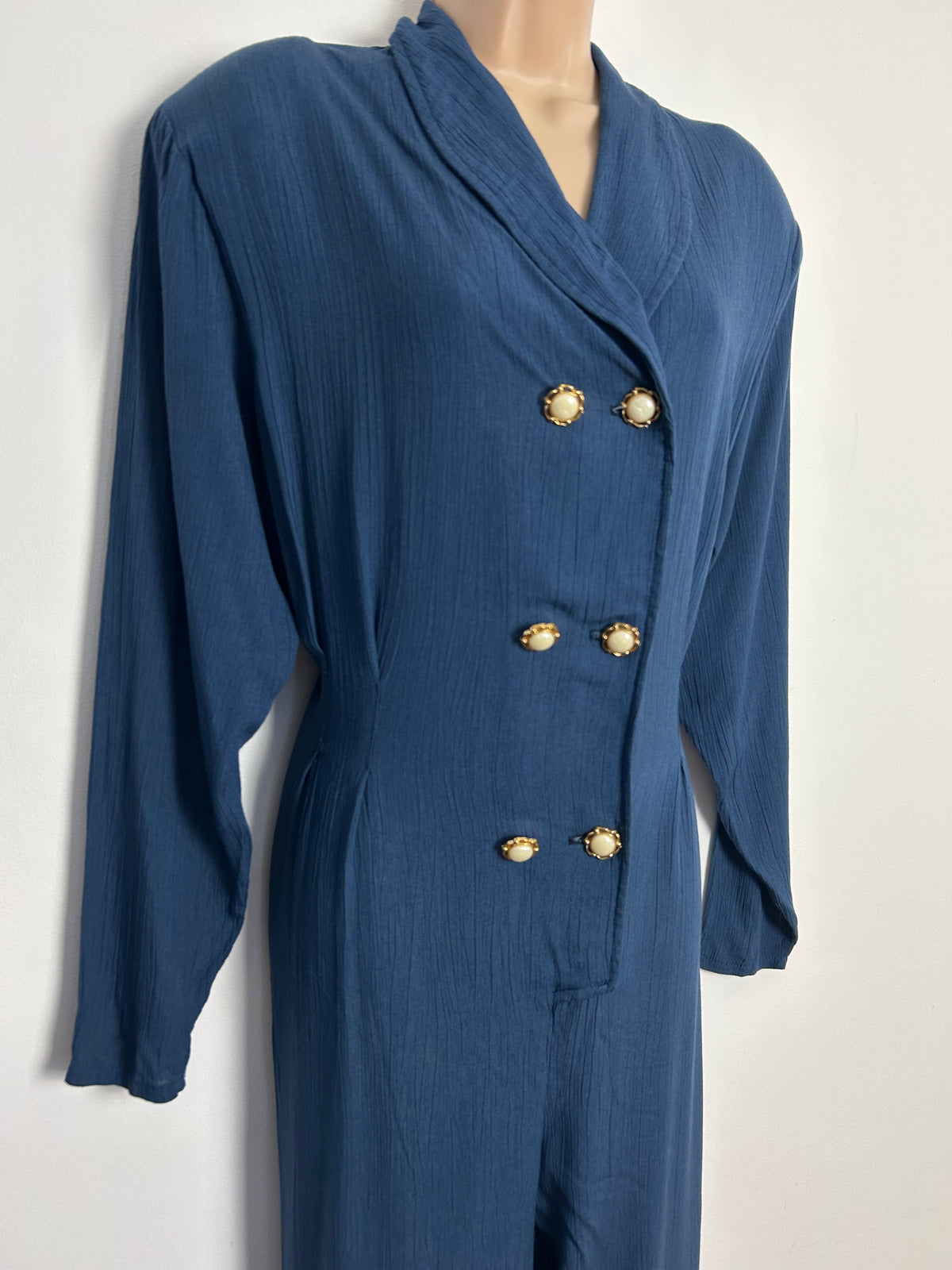 Vintage 1980s UK Size 14 Dark Midnight Blue Crinkle Fabric Double Breasted Long Sleeve Jumpsuit