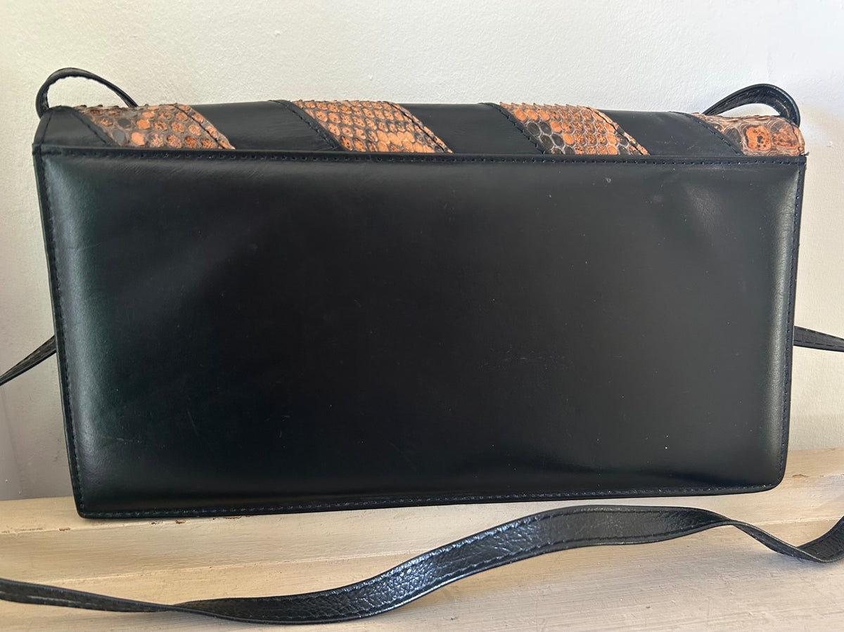 Vintage Black & Brown Reptile Stripe Pattern Clutch or Shoulder Bag