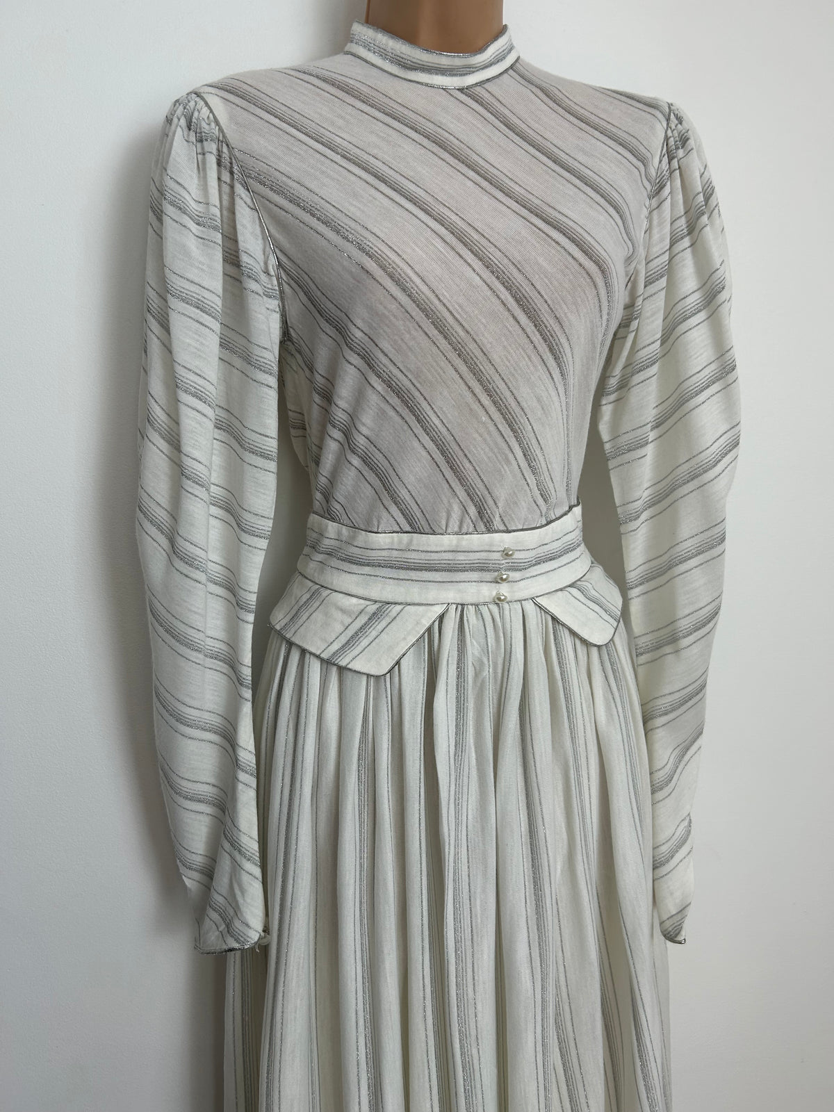 Vintage 1970s PRONUPTIA PARIS Size 6 White & Metallic Silver Stripe Peplum Long Sleeve Maxi Dress