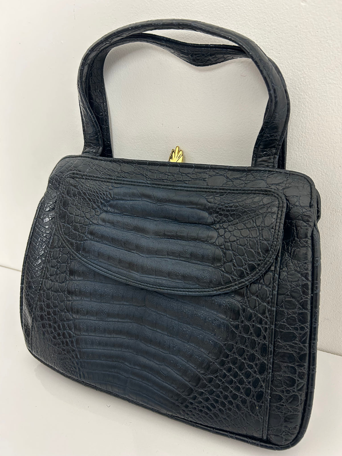 Vintage 1960s Black & Very Dark Blue Mock Croc/Alligator Vinyl Kelly Style Handbag