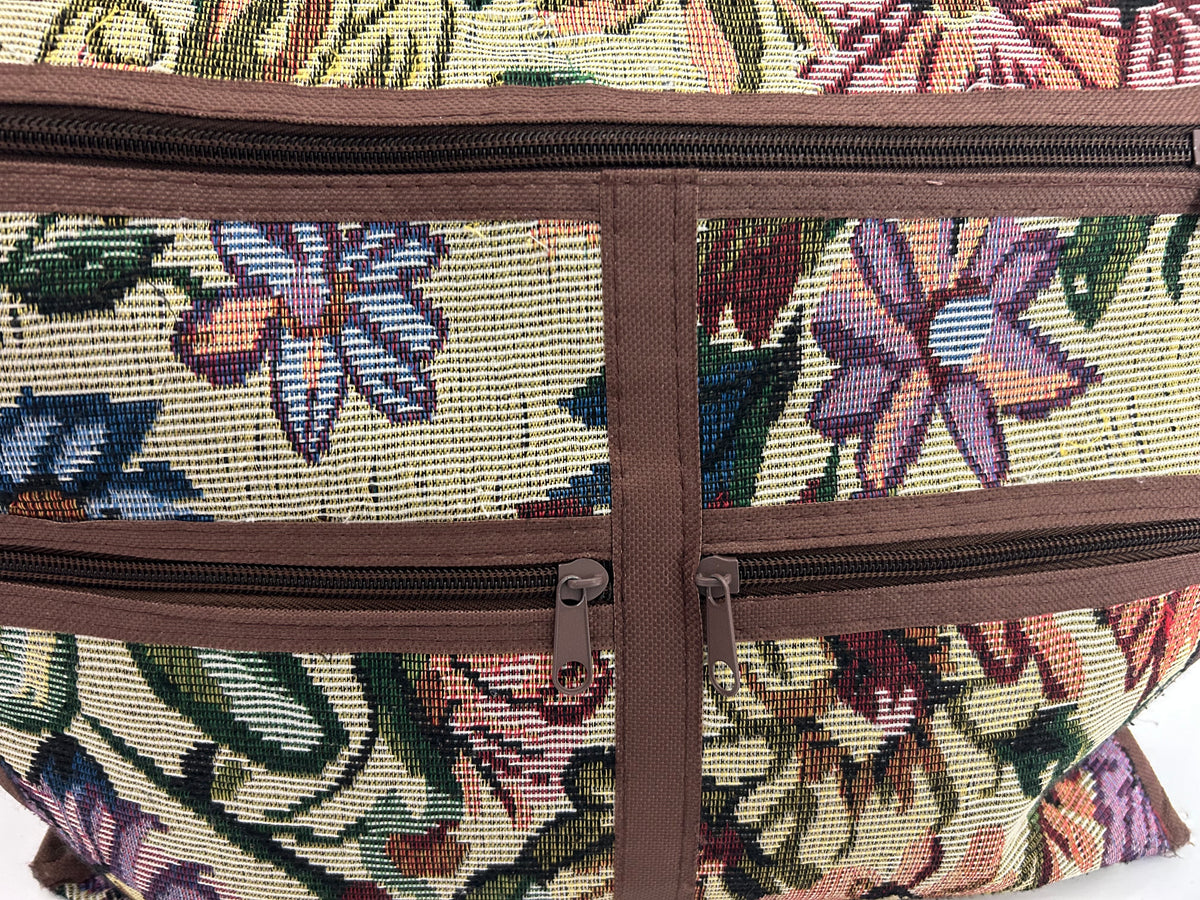 Vintage 1980s Brown Canvas Floral Tapestry Zip Pocket Shopping Bag