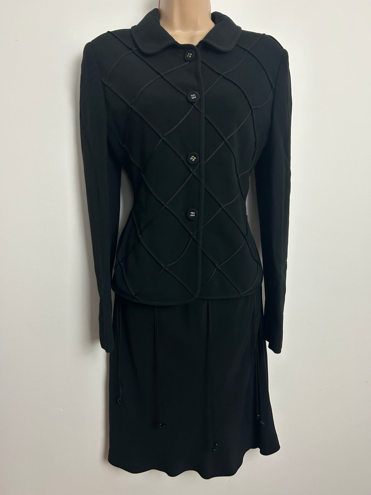 Vintage Late 1990s MOSCHINO CHEAP & CHIC Size 10 Black Lattice String Detail Little Black Dress & Matching Jacket Suit