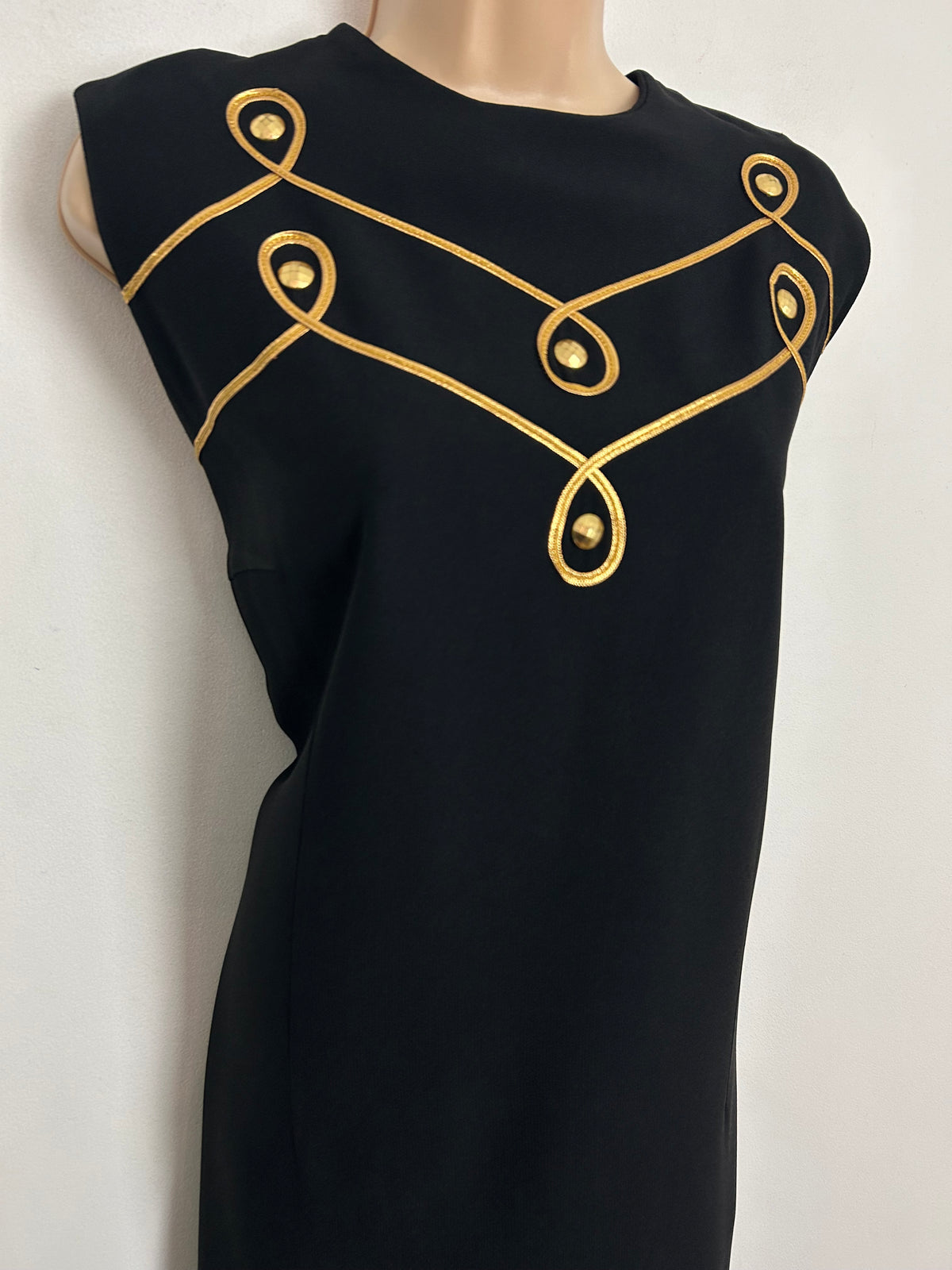 Vintage 1960s UK Size 14 Black & Gold Braid Trim Little Black Evening Party Mod Shift Dress