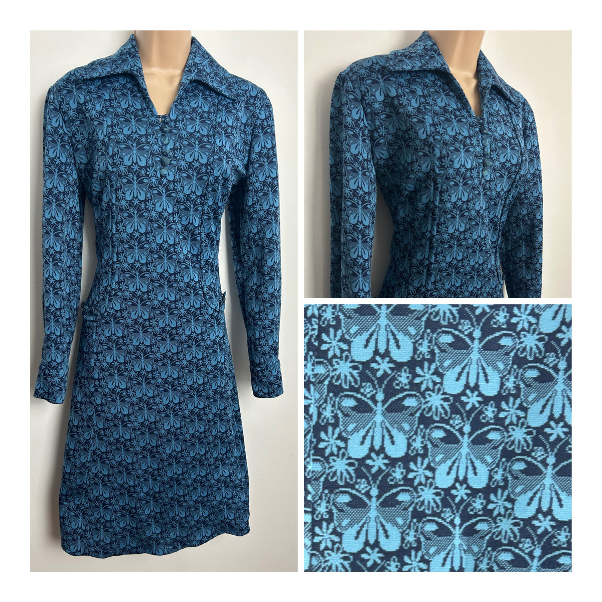 Vintage 1960S Size 14-16 Blue Tones Butterfly Pattern Polyester Long Sleeve Shirt Dress