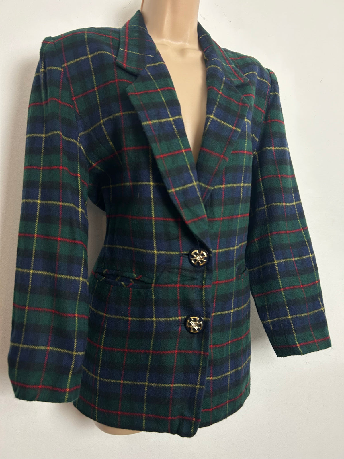 Vintage 1980s Size 12-14 SUPREME Dark Green Tartan Check Wool Mix Blazer