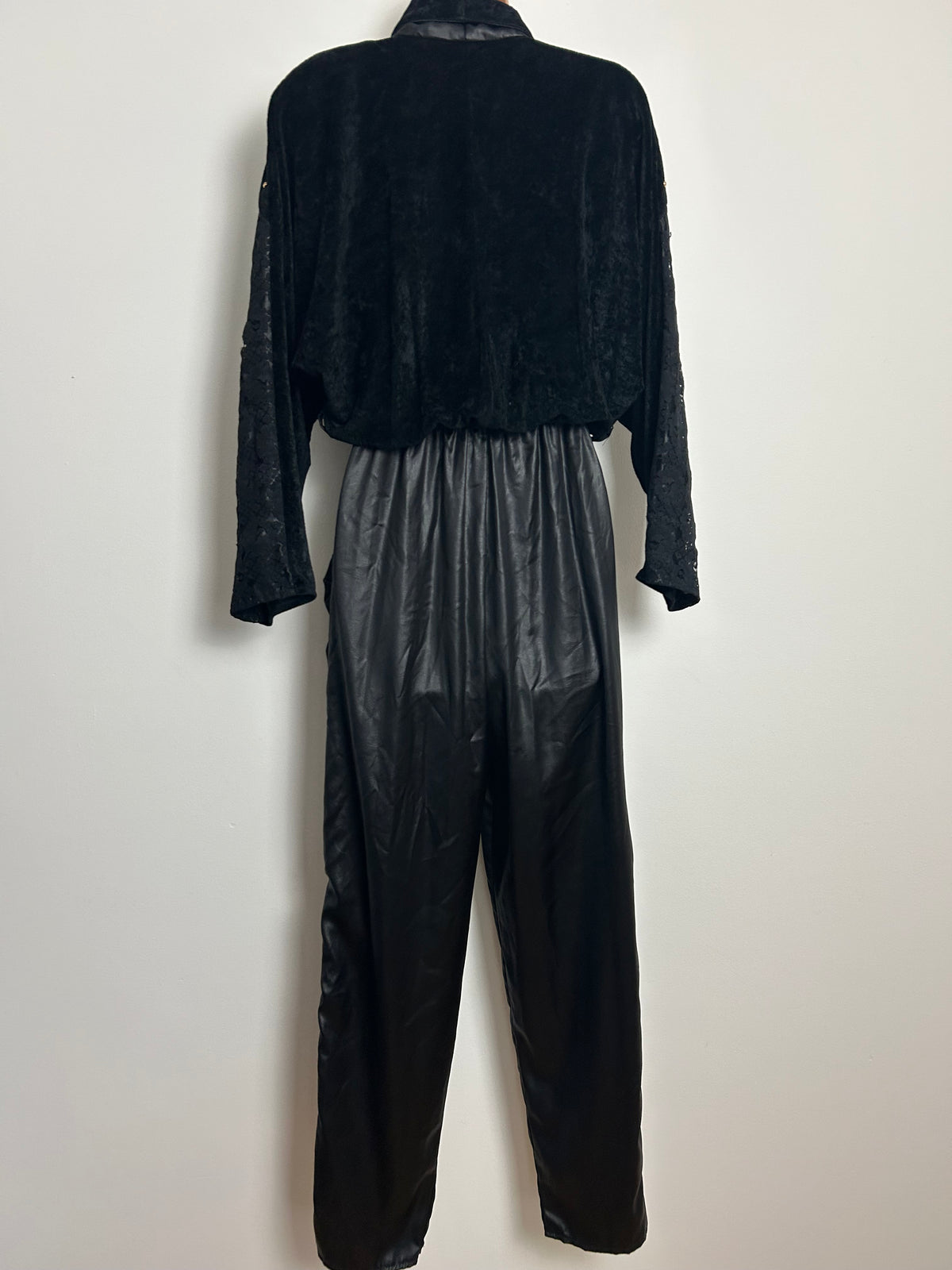Vintage Extreme 1980s ST DENIS Size 10 Black Ruched Wet Look Studded New Romantic Gothic Vibes Jumpsuit