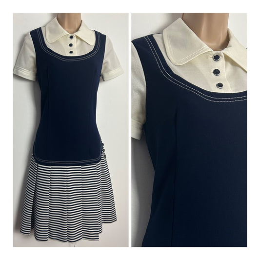 Vintage 1960s CANDA INTERNATIONAL Size 8 Navy Blue & White Stripe Print Short Sleeve Pleated Mod Dress