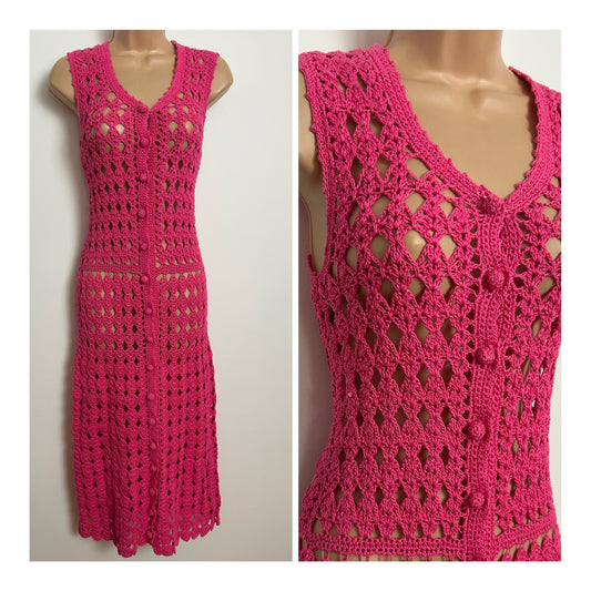 Vintage late 1960s Size 6 Gorgeous Fuchsia Pink Crocheted Sleeveless Midi Dress