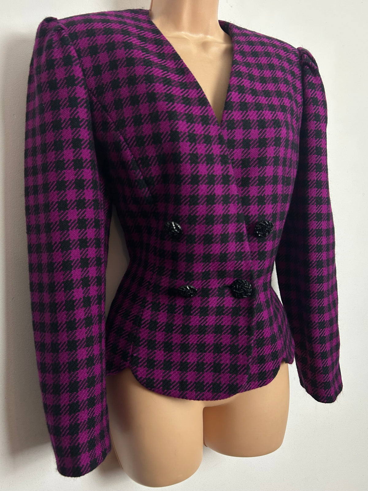 Vintage 1980s ALBERT NIPON Size 10 Dark Pink & Black Check 100% Wool Double Breasted Fitted Jacket
