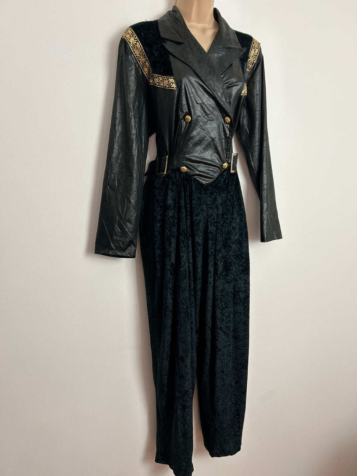 Vintage Extreme 1980's Size 14 Black Wet Look & Velour Gold Braid Trim Long Sleeve Side Buckle Fastenings Jumpsuit