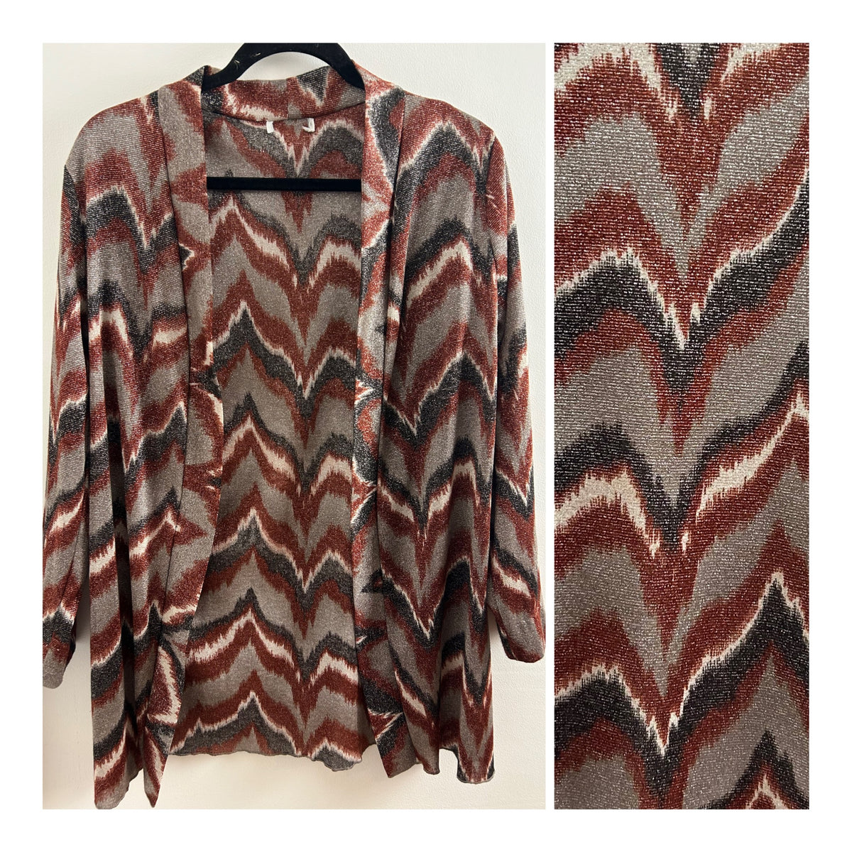 Vintage 1990s/Y2K UK Size 14 Bronze Grey & Silver zig Zag Stripe Print Open Fronted Long Sleeve Cardigan Cover Up