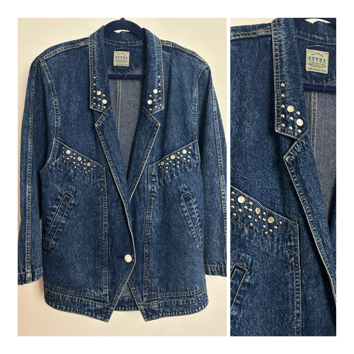 Vintage 1980s CETRA Size 12-14 Dark Blue Stud Detail Denim Jacket
