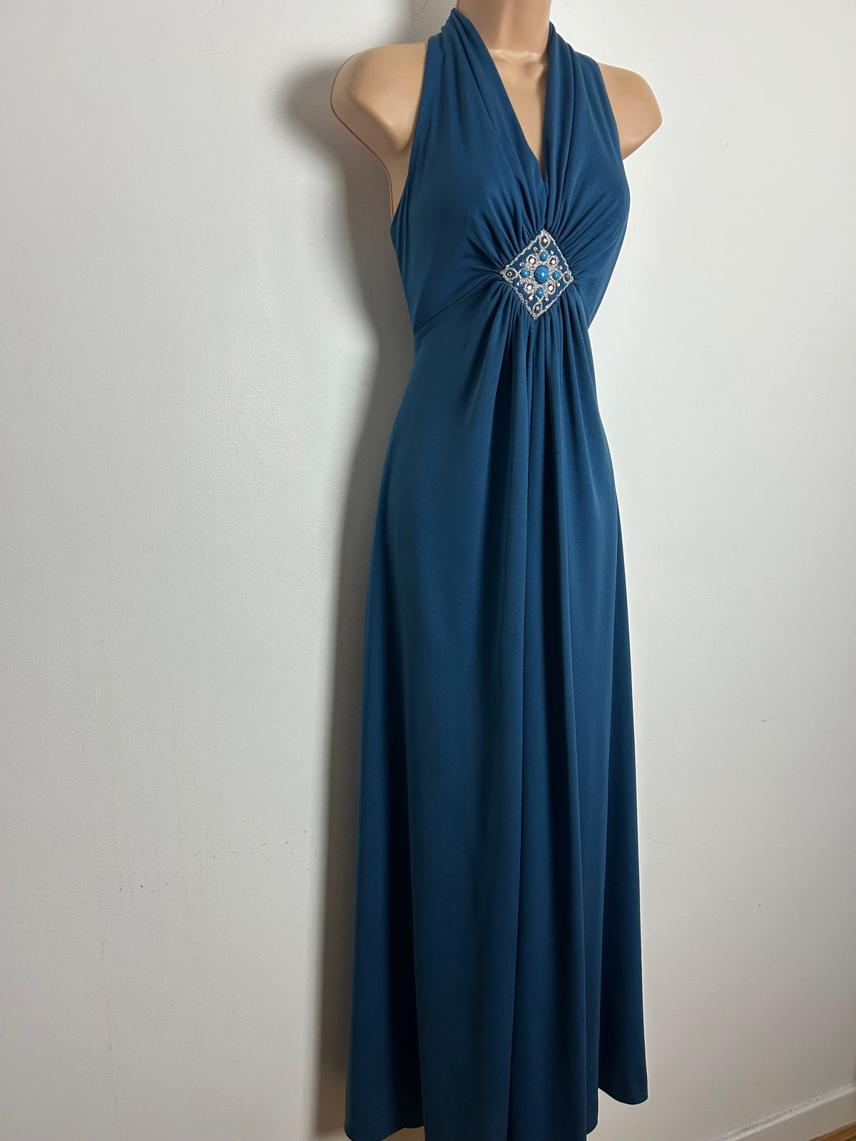 Vintage 1970s Size 8  Dusky Blue Braid Diamante & Bead Applique Detail Evening Maxi Dress