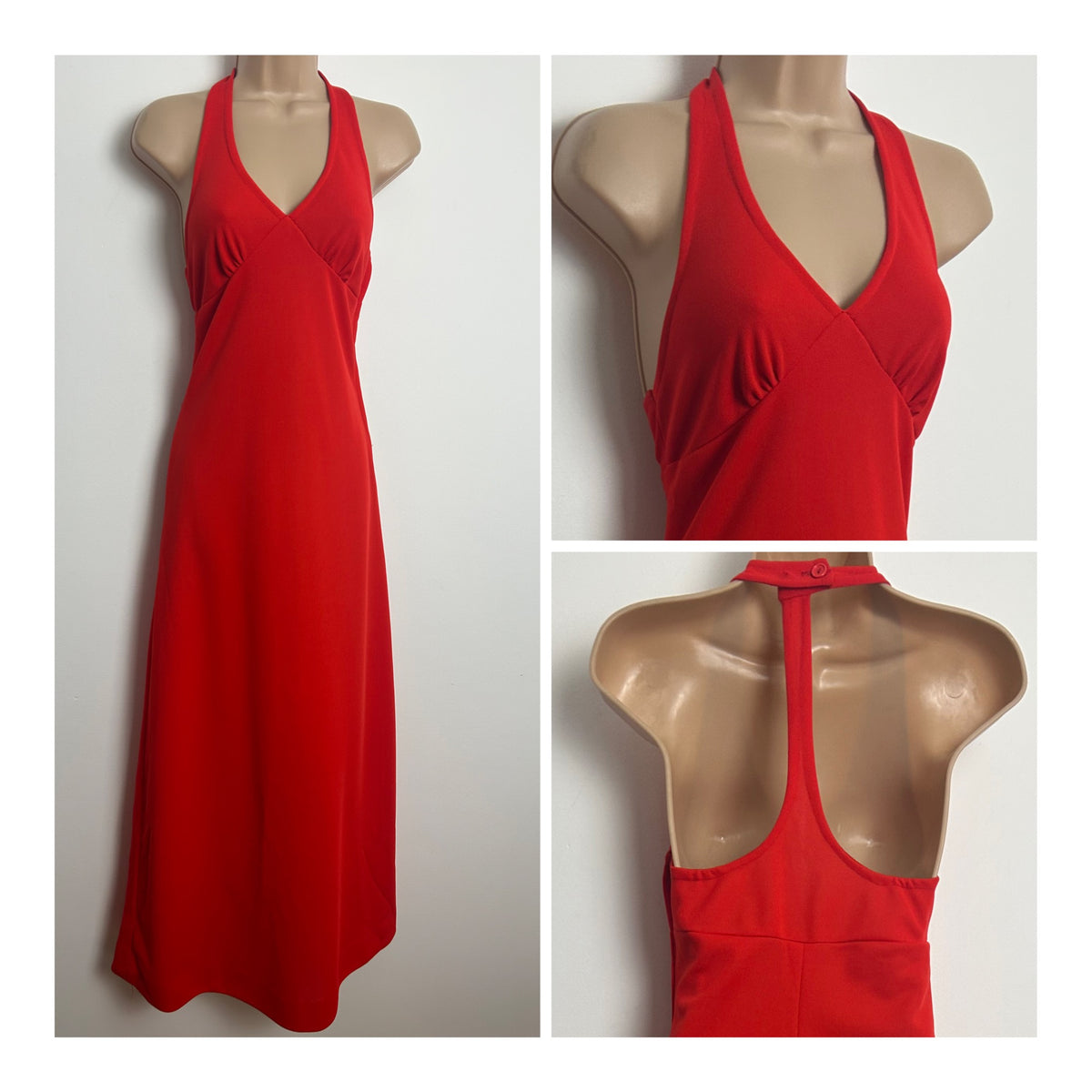 Vintage 1970s SHELANA Red Halterneck Racer Back Maxi Dress Size 8