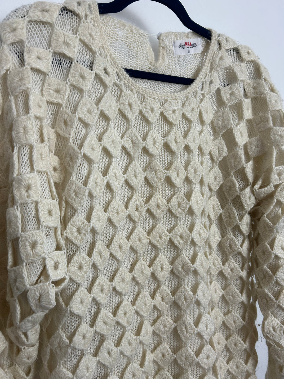 Vintage 1980s Up To Size 14 Cream Double Layer Diamond Cut Out Outer Layer Slouchy Jumper